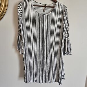 Umgee Striped Black White Boho Beach Feminine Bell Sleeve Blouse Lightweight